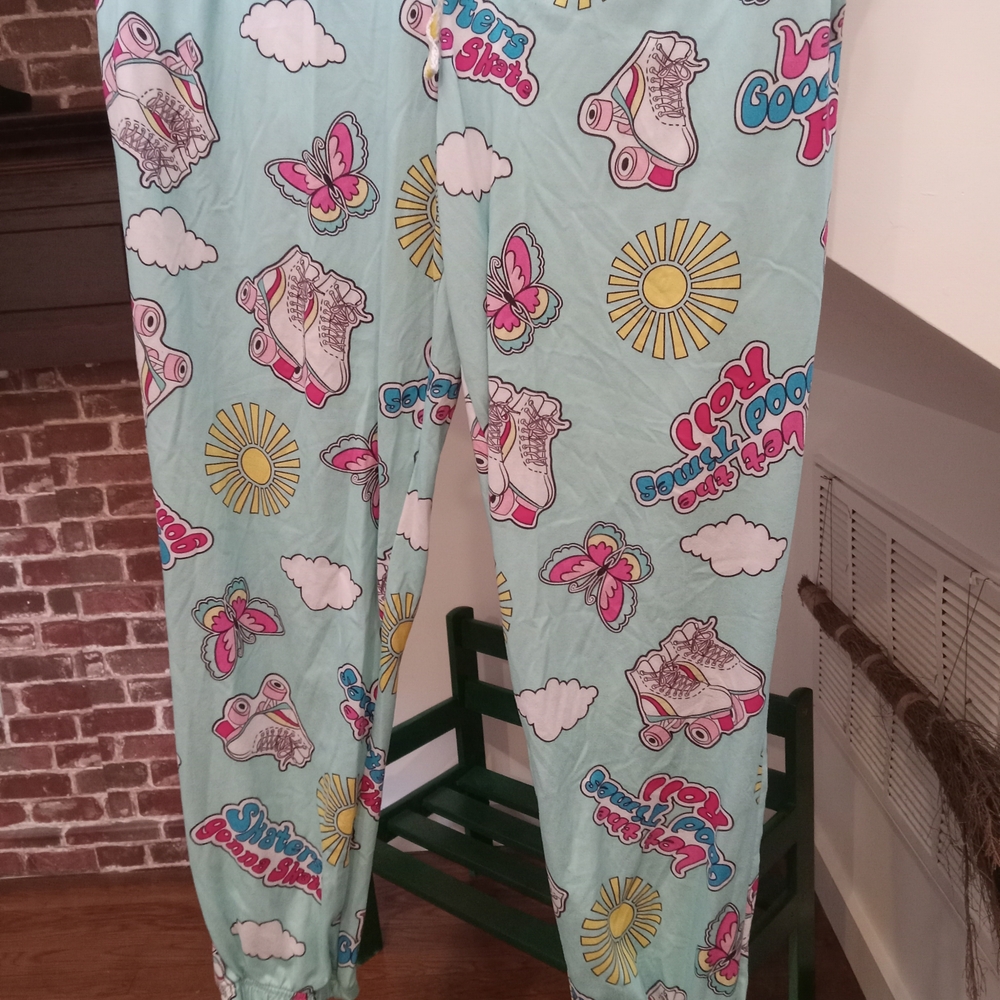 Women's Light Blue Pajama Pants with Roller Skates and Butterflies